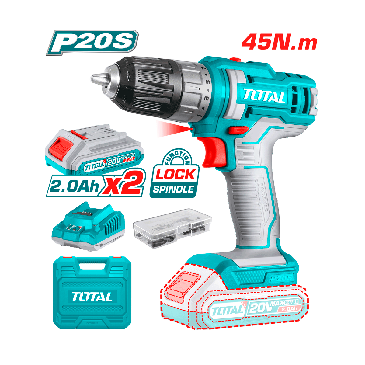 HE/TALADRO TOTAL 20V 3/8 2 BAT