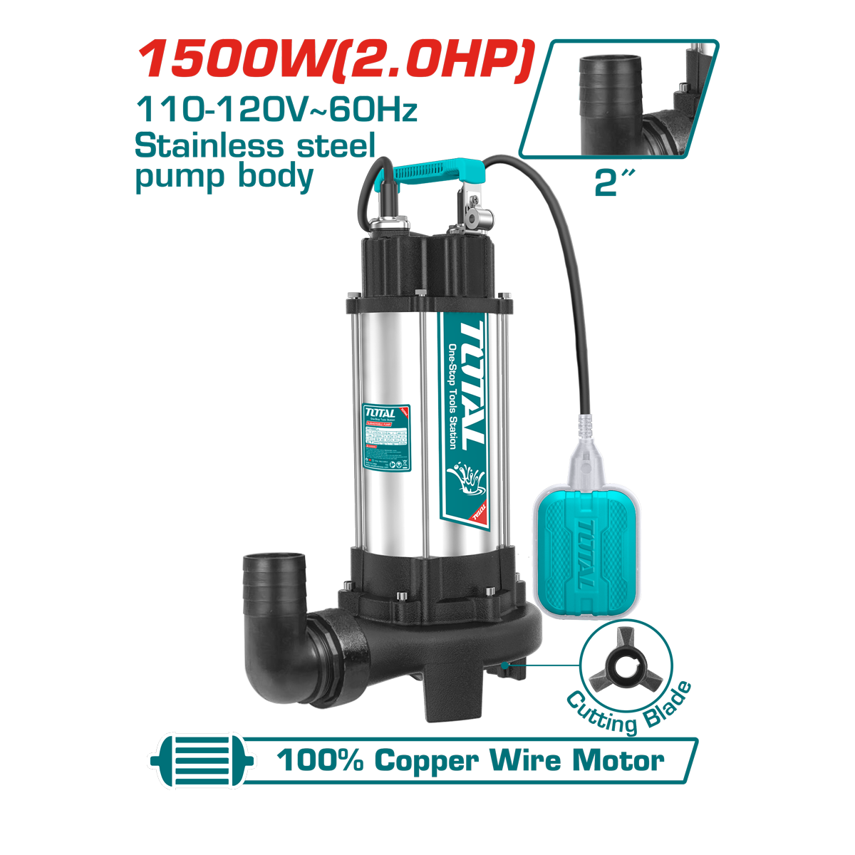 BOMBA SUMERGIBLE TOTAL AGUA SUCIA 2" 2HP 120V