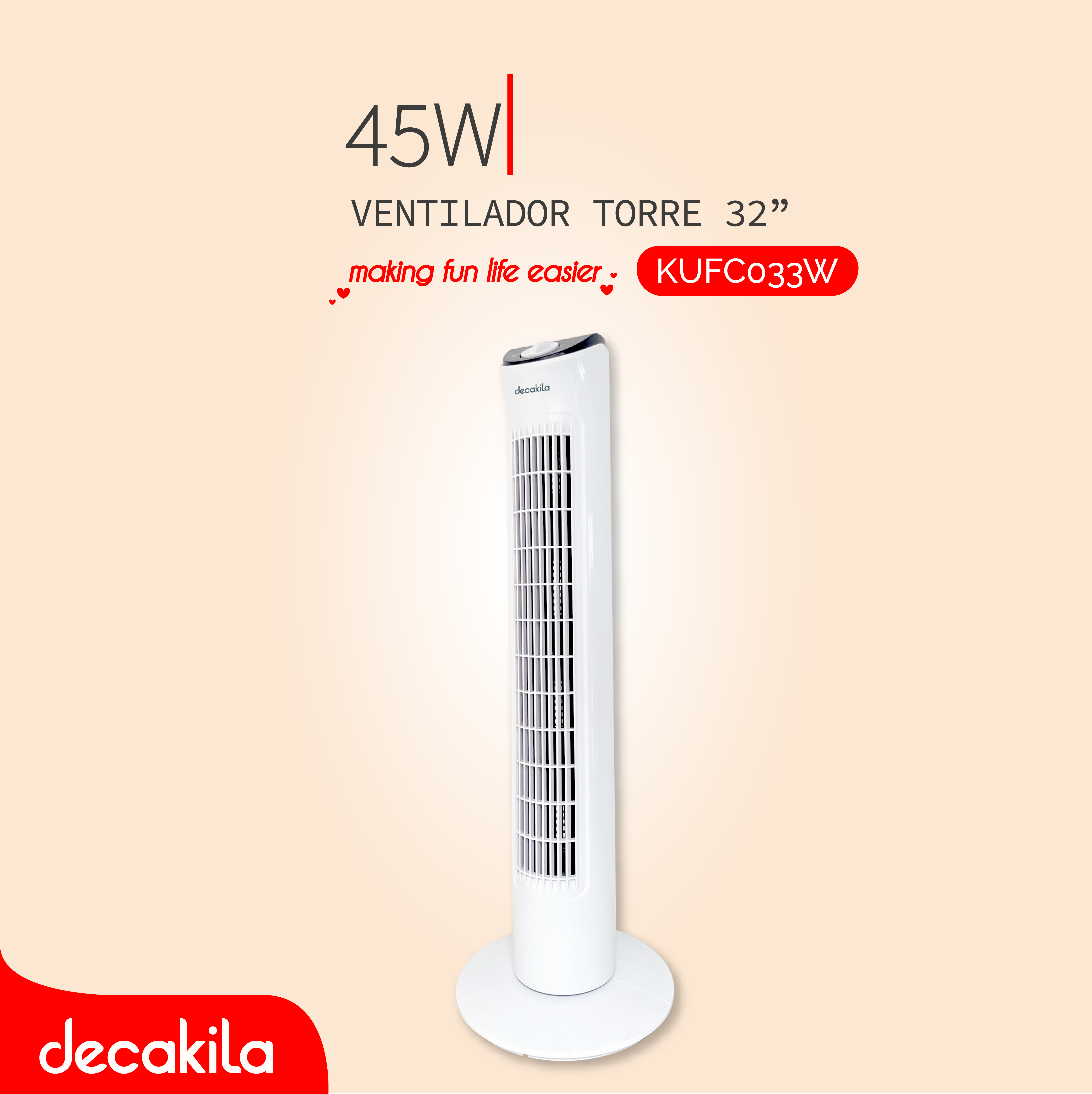 DECAKILA VENTILADOR TORRE 3 VELOCIDADES 45W