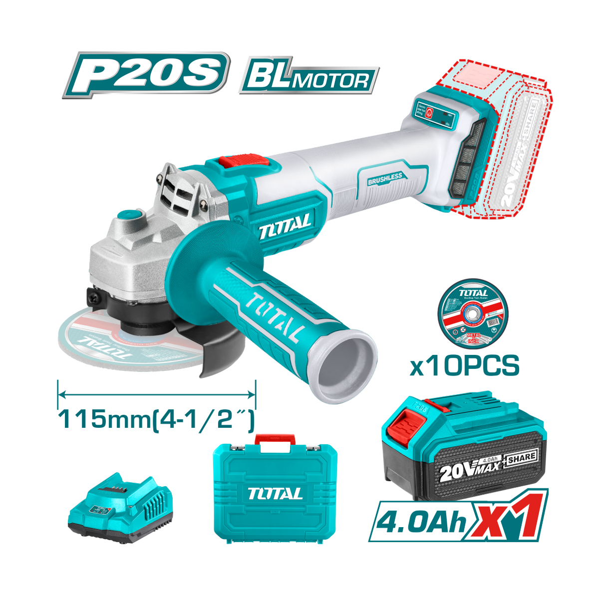 ESMERILADORA ANGULAR TOTAL 4 1/2" 1100W 20V C/1BAT