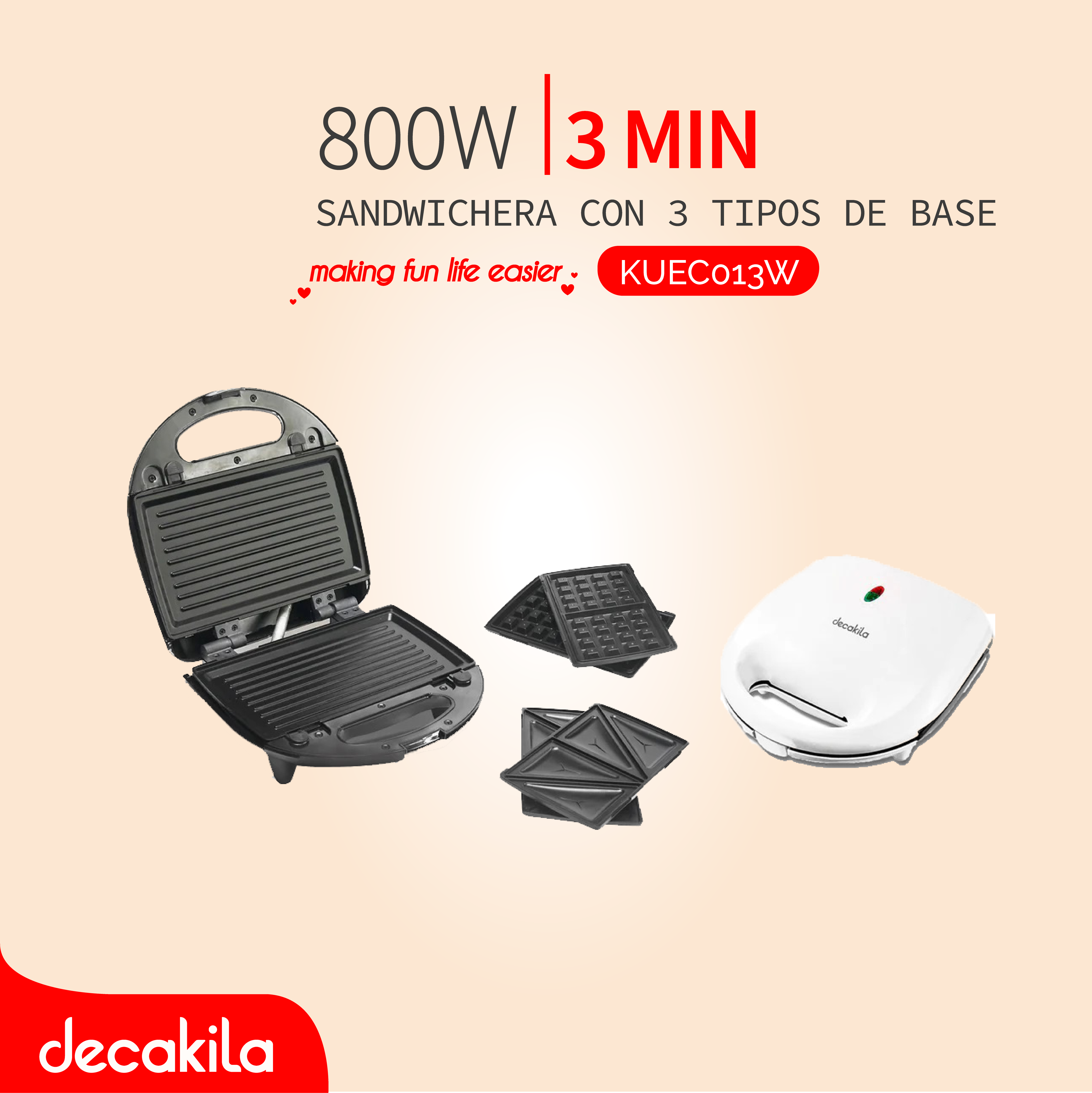 DECAKILA SANDWICHERA 800W CON 3 TIPOS DE BASE