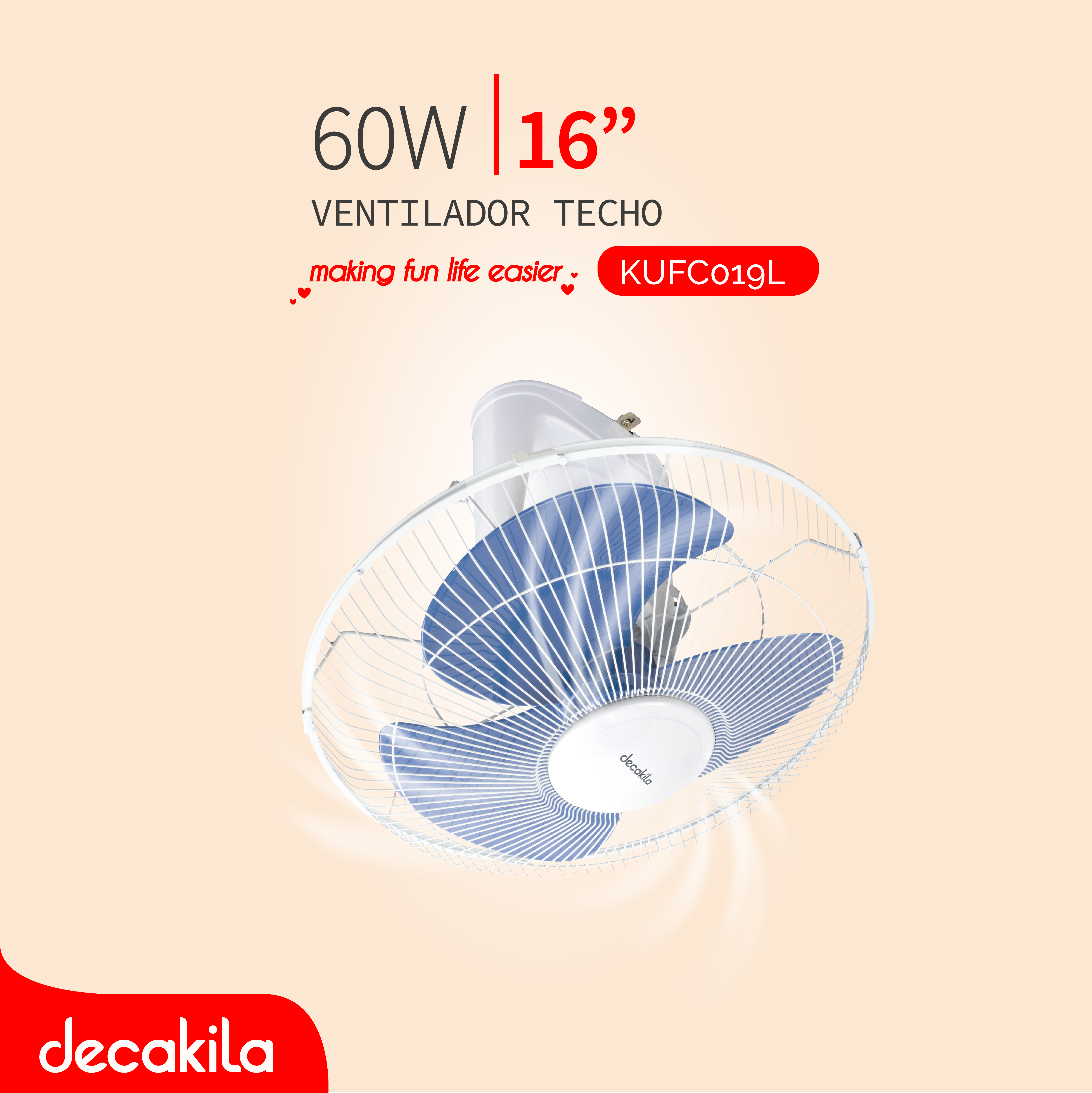 DECAKILA VENTILADOR TECHO 16" 60W