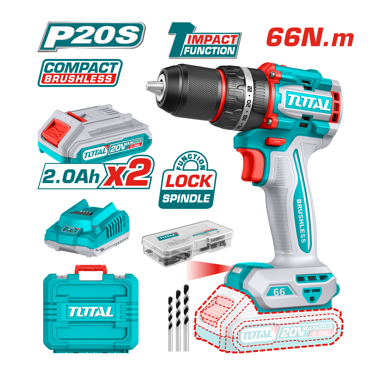 HE/TALADRO TOTAL 20V BL 1/2 PERC 66Nm. 2BAT C/E