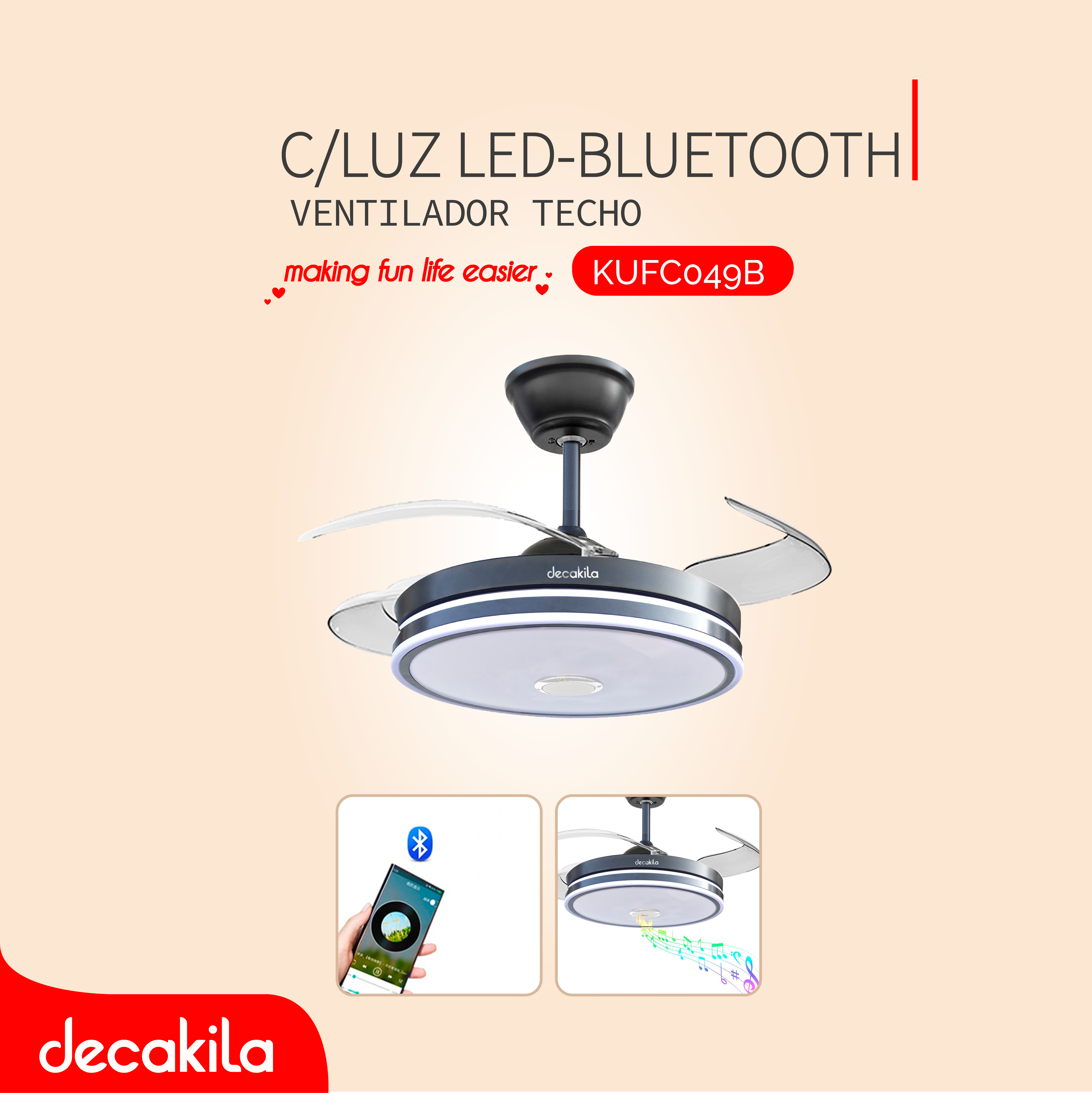 DECAKILA VENTILADOR TECHO C/LUZ LED-BLUETOOTH