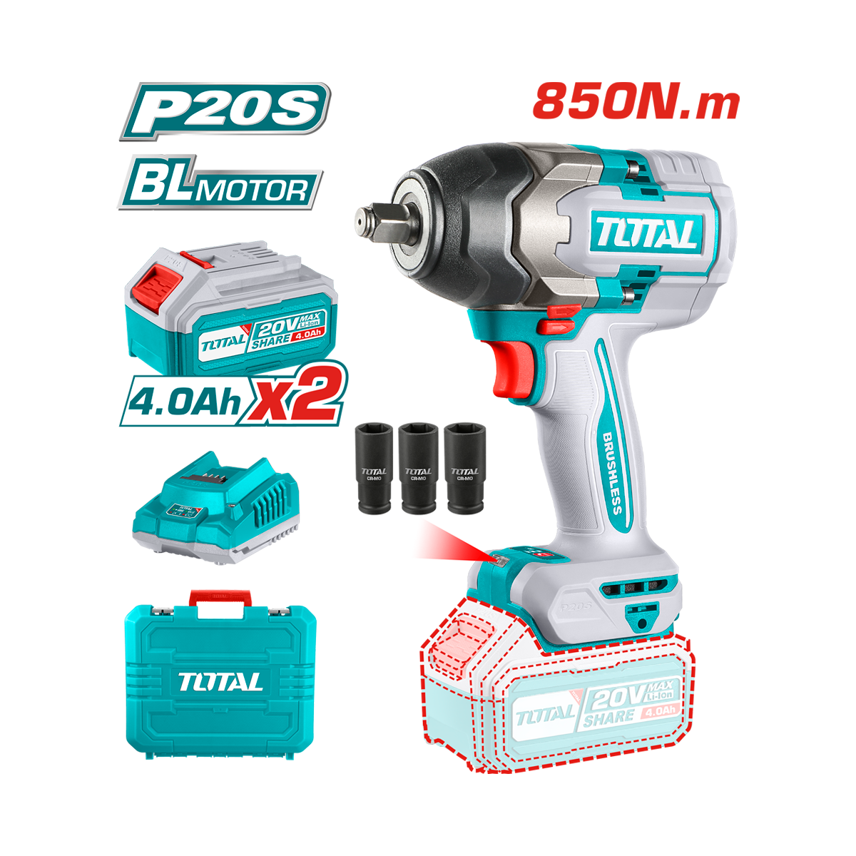 HE/PISTOLA IMPACTO TOTAL 20V 850NM C/2 BAT