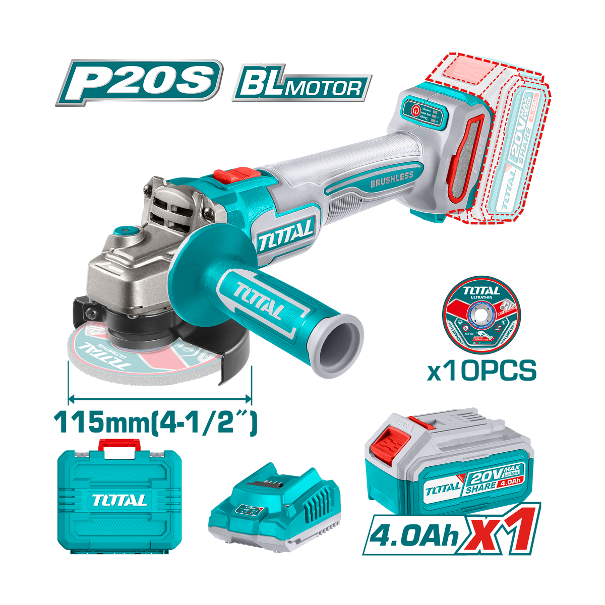 HE/ESMERILADORA ANGULAR TOTAL 4 1/2 20V 900W