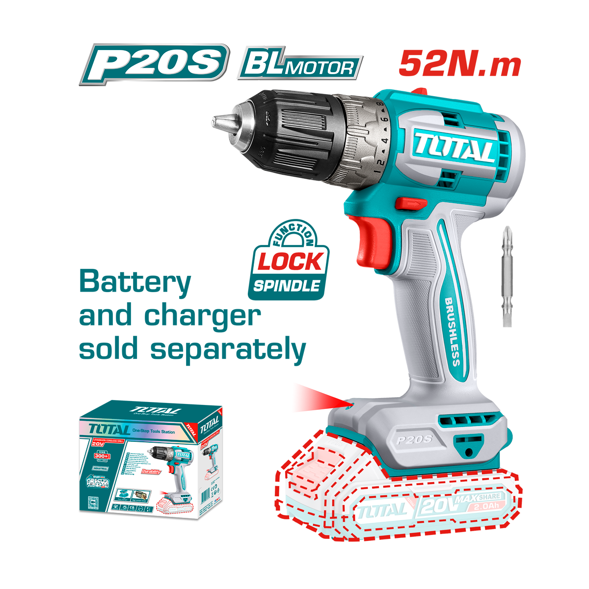 HE/TALADRO TOTAL 20V 3/8" 52NM S/BAT