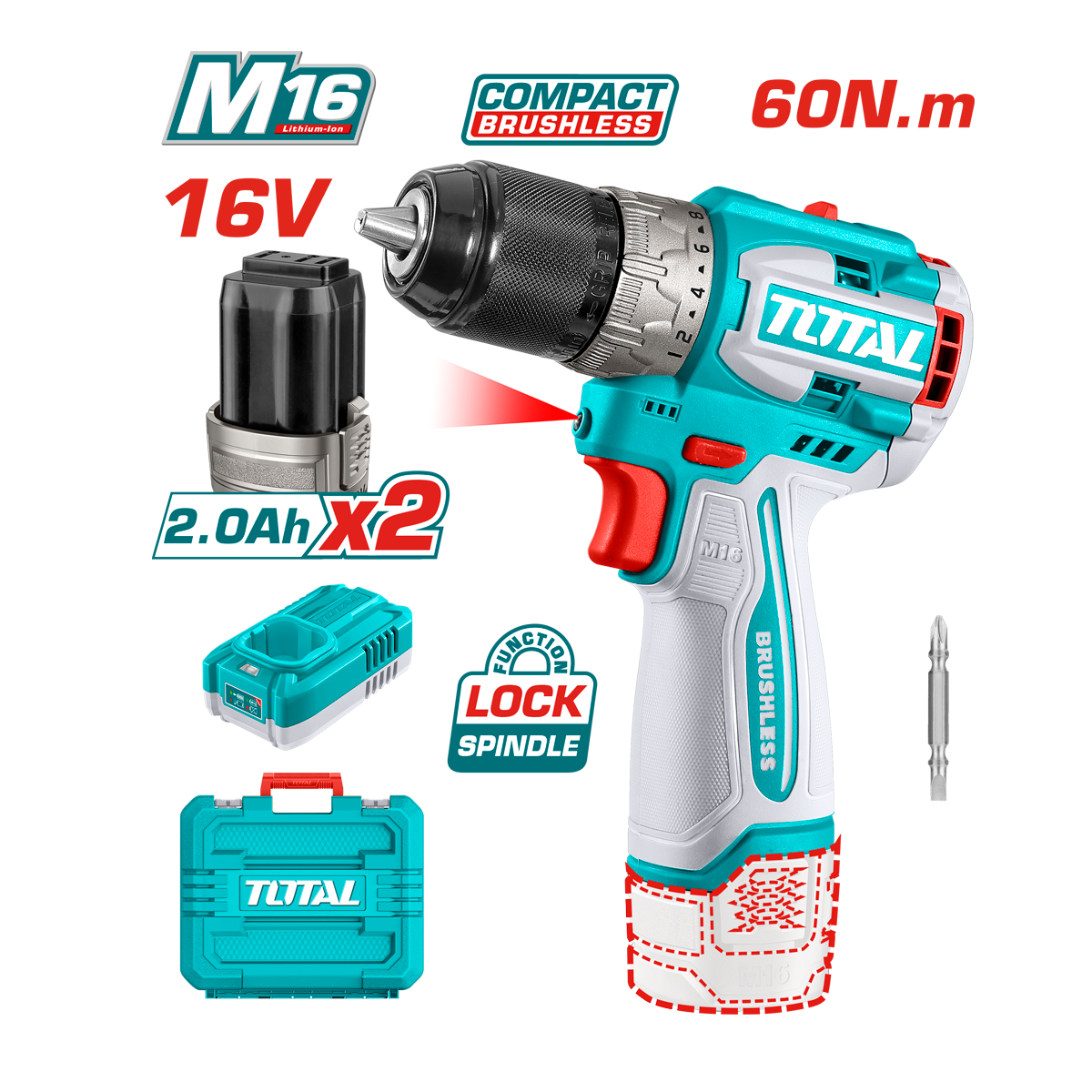 HE/TALADRO TOTAL 16V 1/2" C/2 BAT
