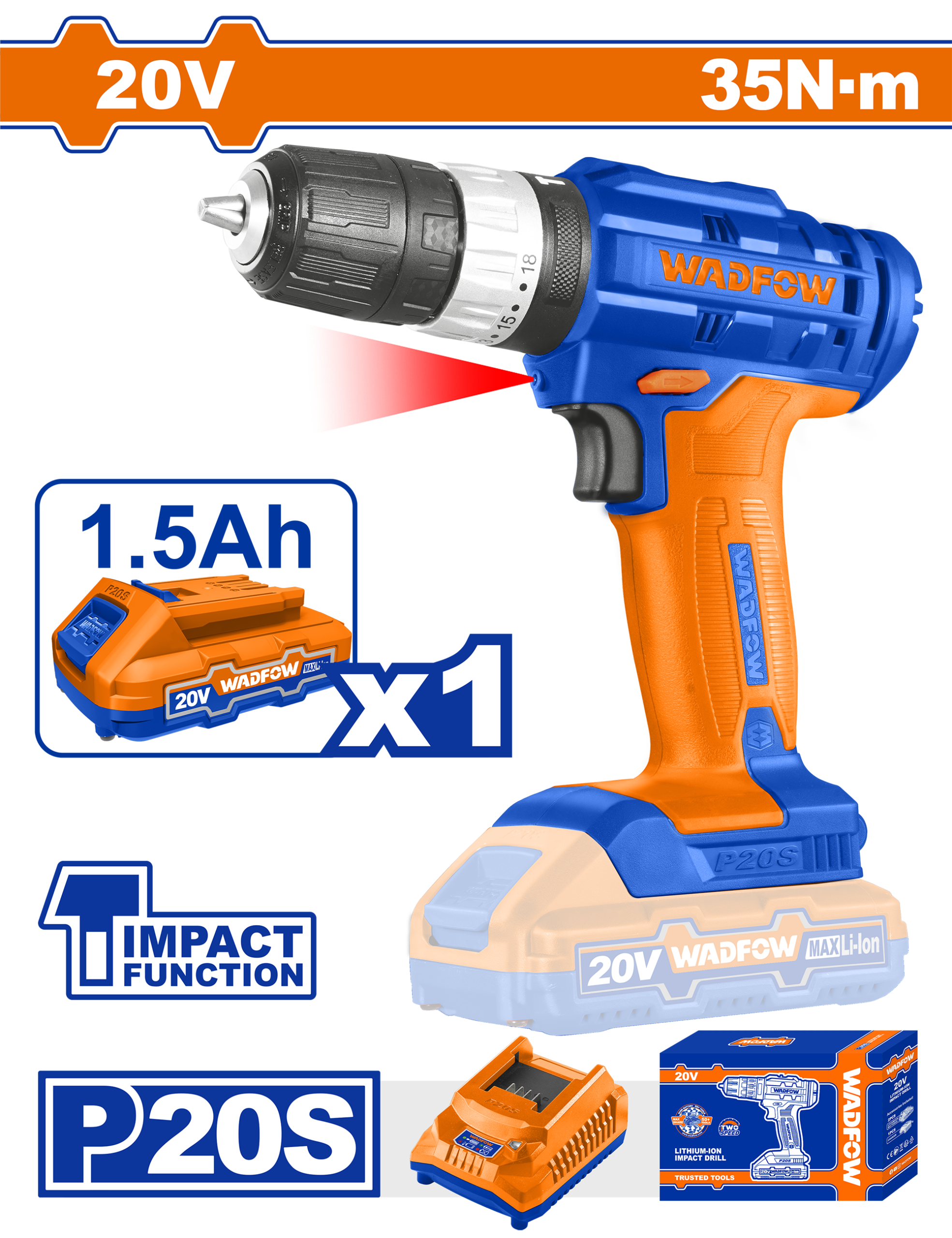 HE/TALADRO BATERÍA WADFOW 20V 3/8" IMPACT 1 BAT