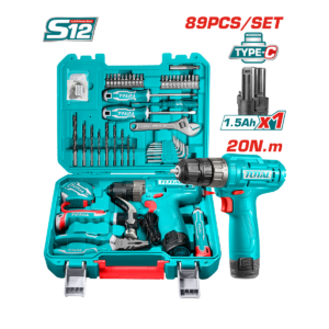 JUEGO HERRAMIENTAS TOTAL 89 PCS C/TALADRO 12V