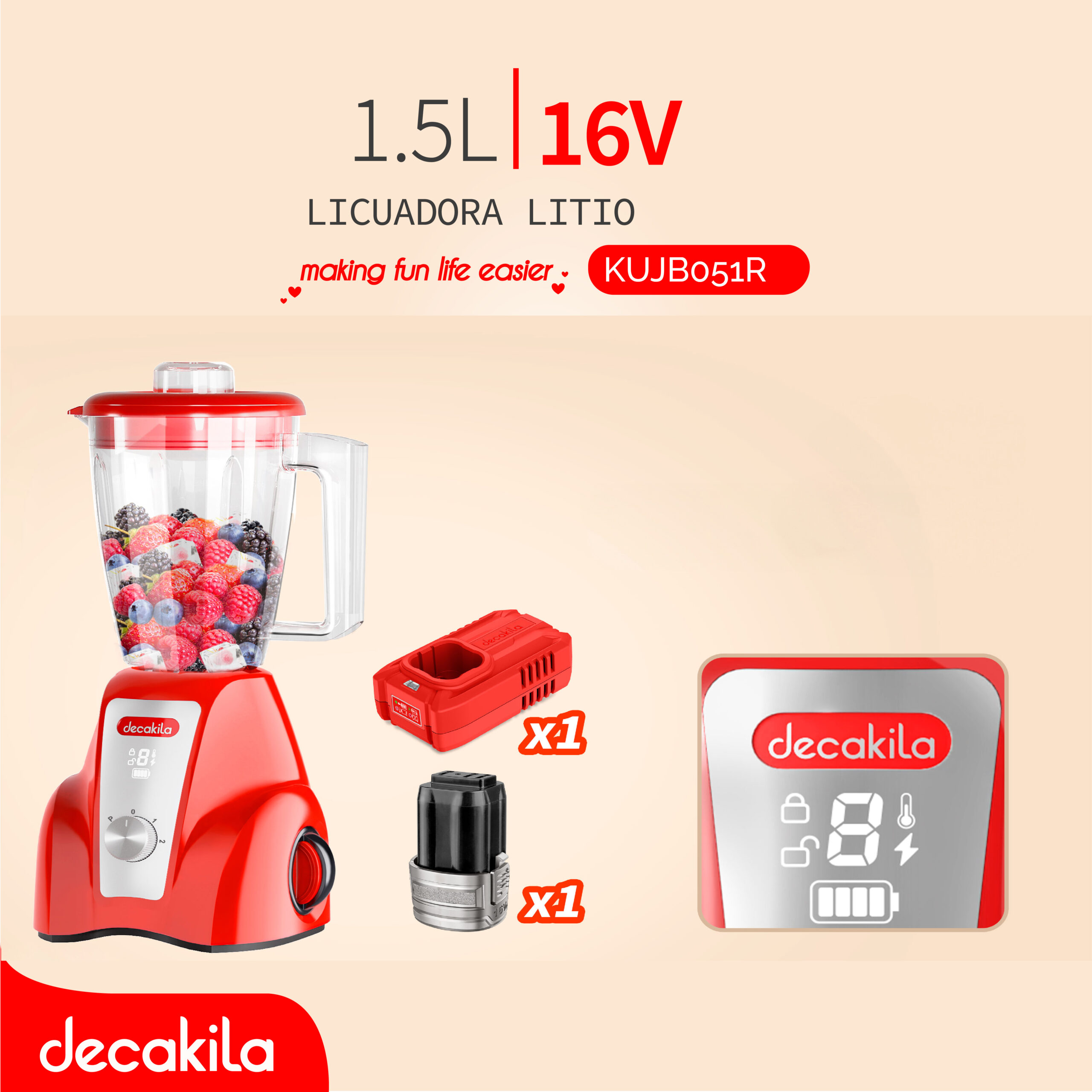 DECAKILA LICUADORA LITIO 16V 1.5L ROJA C/BAT