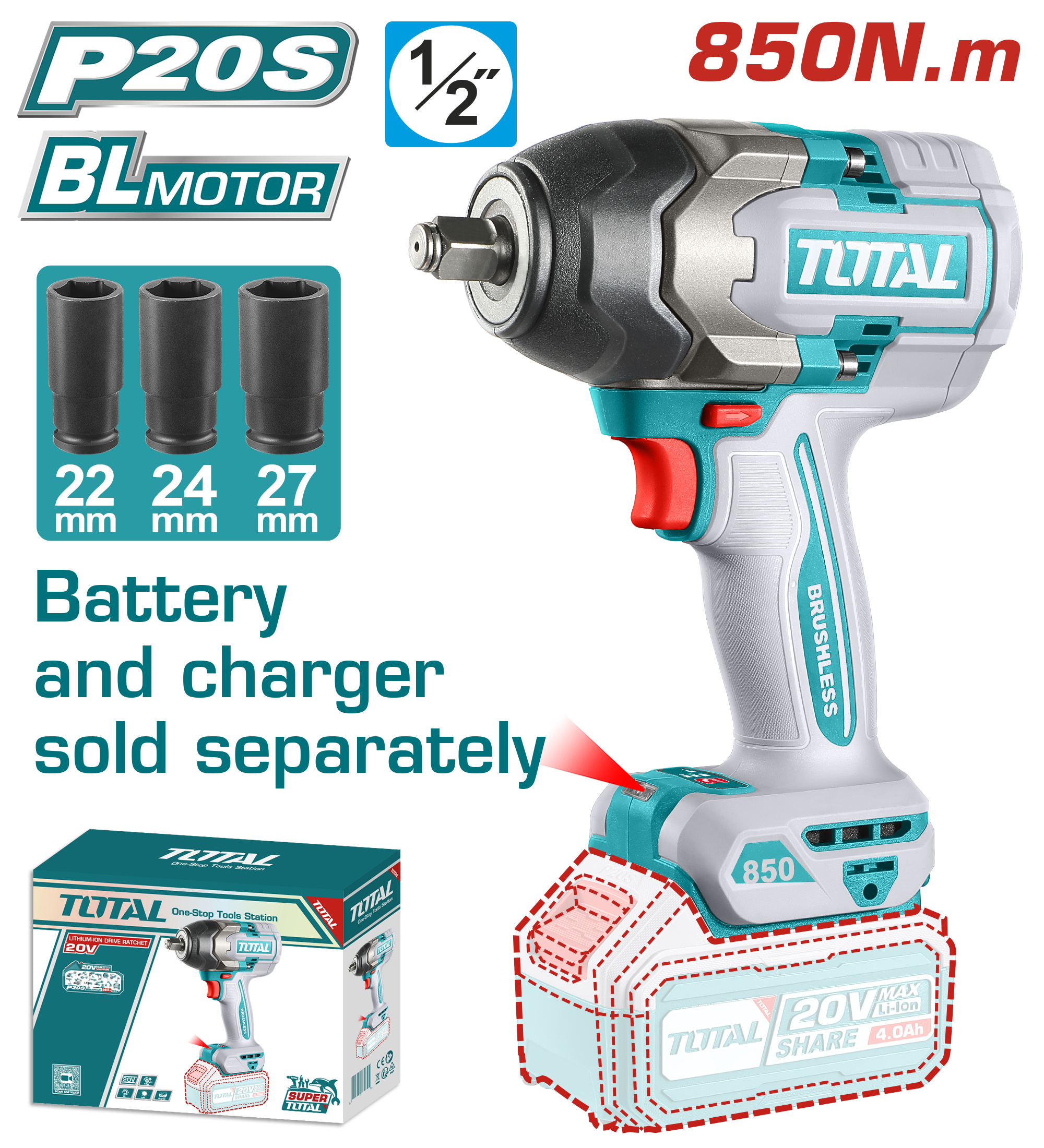 PISTOLA IMPACTO TOTAL 1/2 20V 850NM S/BA