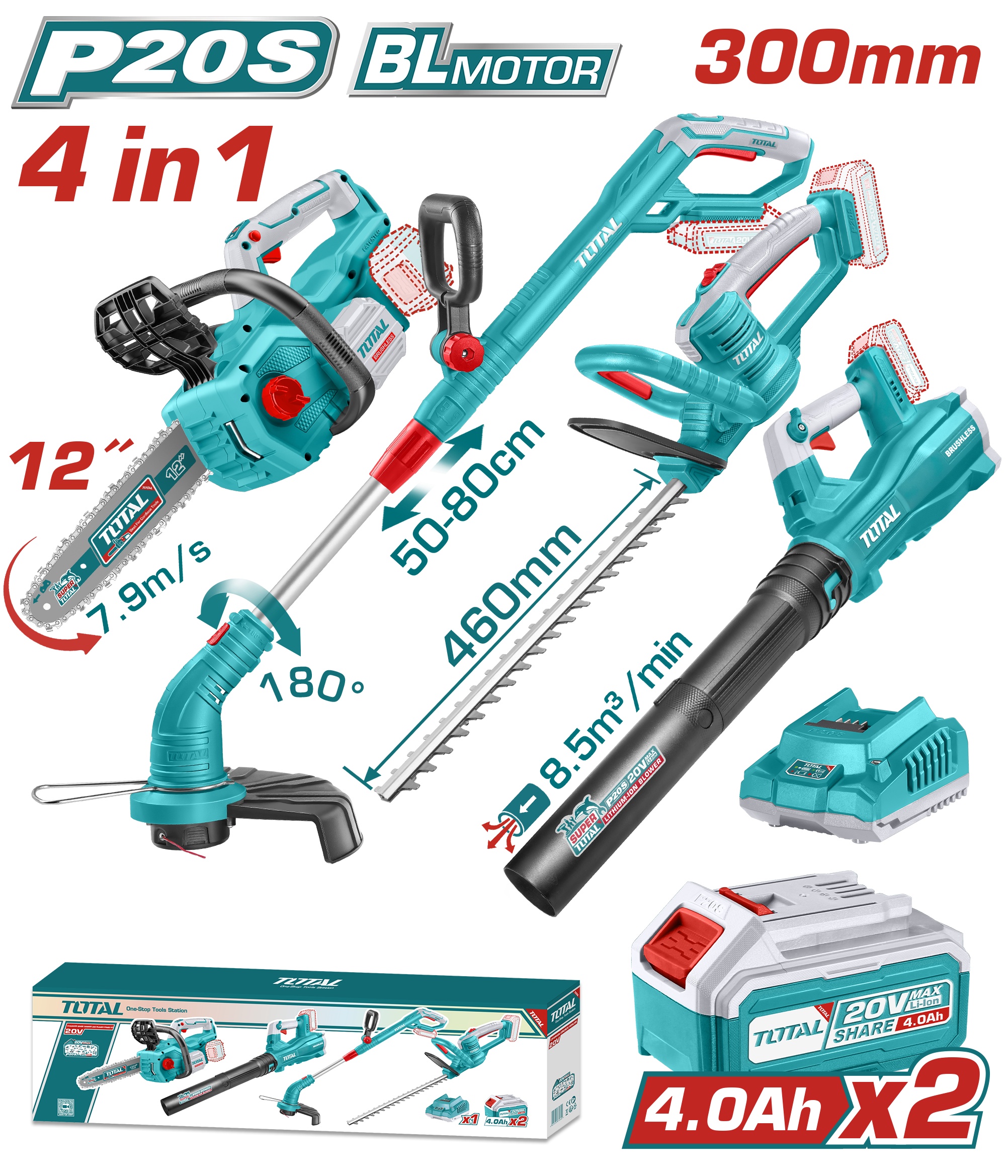 Combo Total 20V 4pcs orillad+cortace+sopla+motosierra
